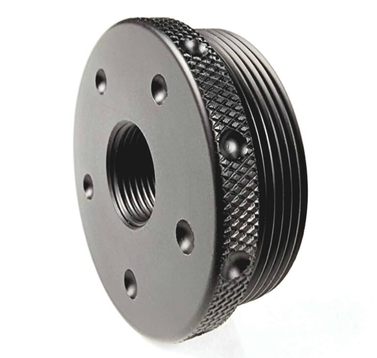 Titanium D Size Thread Adapter 1/2x28 solvent trap for sale — maglite cups for AR-15 / .223 / 5.56, also common on .22LR. Image for solvent trap builds.