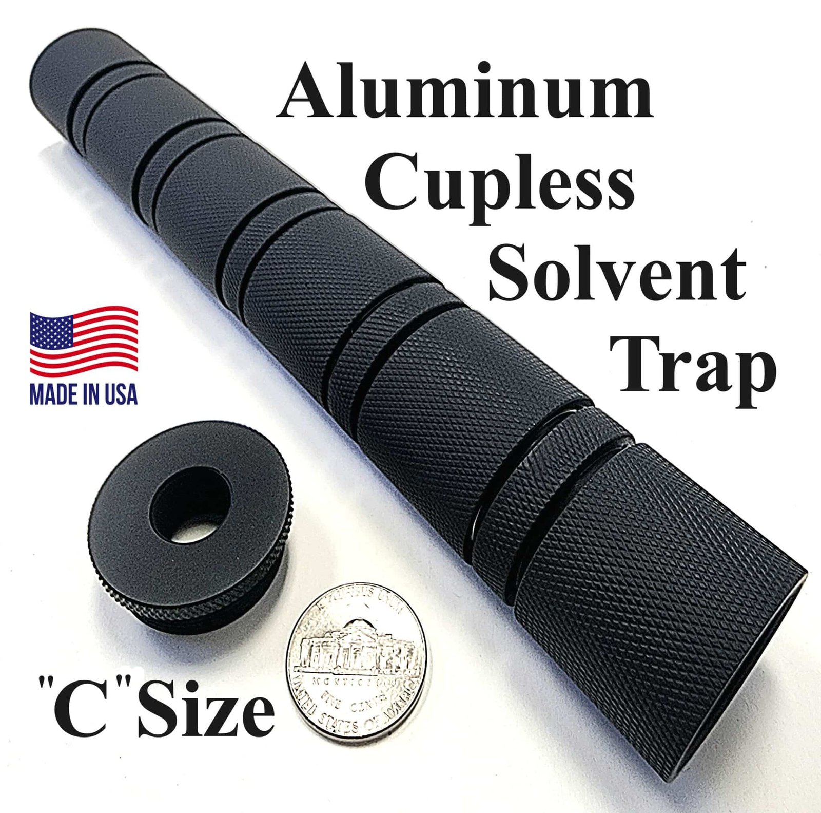 Titanium D Size Thread Connector 1/2x28 c cell solvent trap — modular solvent trap for AR-15 / .223 / 5.56, also common on .22LR. Image for solvent trap builds.