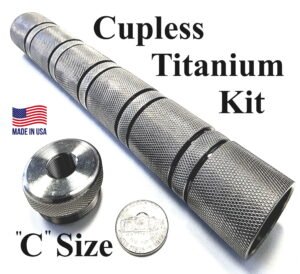 Titanium D Size Thread Connector 1/2x28 c cell solvent trap — maglite adapter for AR-15 / .223 / 5.56, also common on .22LR. Image for solvent trap builds.