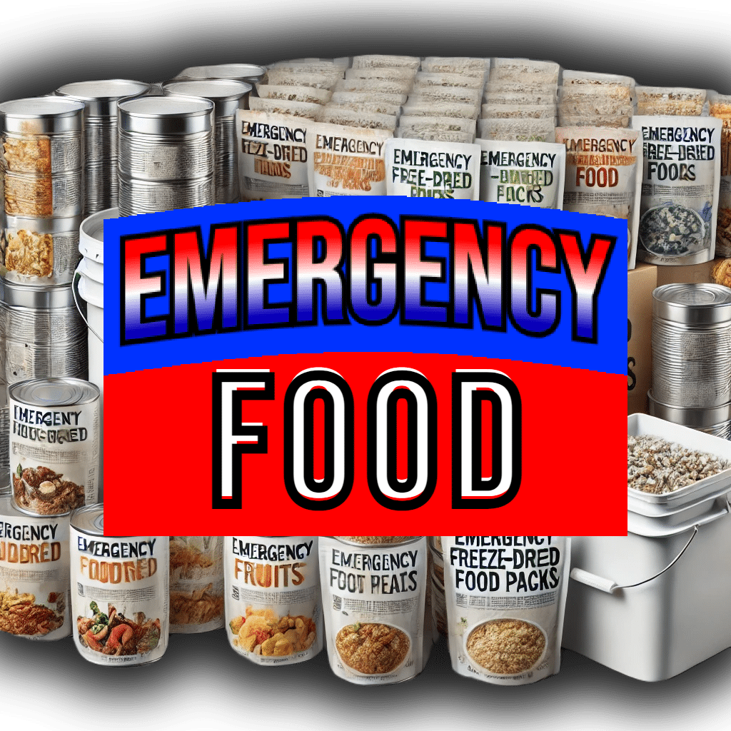 Image of emergency food supplies from Solvent Traps America, including long-lasting freeze-dried meals, vacuum-sealed packs of dried fruits and nuts, and canned goods, all packed in durable, waterproof containers, ideal for survival situations and long-term food storage.