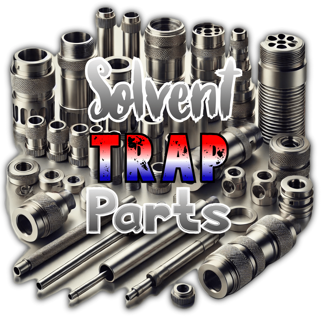 Close-up image of various solvent trap parts from Solvent Traps America, including threaded end caps, filter cups, spacer tubes, and adapters, all made from high-quality aluminum and stainless steel, designed for precision and durability in solvent collection systems.