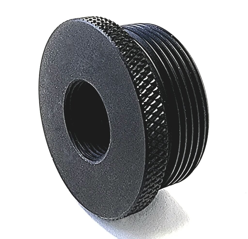 Titanium D Size Thread Protector 1/2x28 ar15 solvent trap — stainless steel solvent trap for AR-15 / .223 / 5.56, also common on .22LR. Image for solvent trap builds.