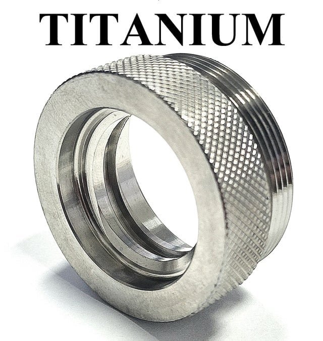 Titanium D Size Barrel Adapter 1/2x28 ar 15 solvent trap — solvent trap booster for AR-15 / .223 / 5.56, also common on .22LR. Image for solvent trap builds.