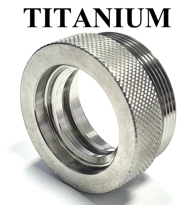 Titanium D Size Barrel Adapter 1/2x28 ar 15 solvent trap — solvent trap booster for AR-15 / .223 / 5.56, also common on .22LR. Image for solvent trap builds.