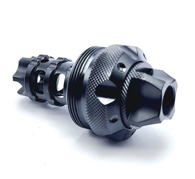 Titanium D Size Thread Connector 1/2x28 aluminum solvent trap — solvent trap tube for AR-15 / .223 / 5.56, also common on .22LR. Image for solvent trap builds. — sometimes called a muffler, conversion requires approved ATF Form 1.