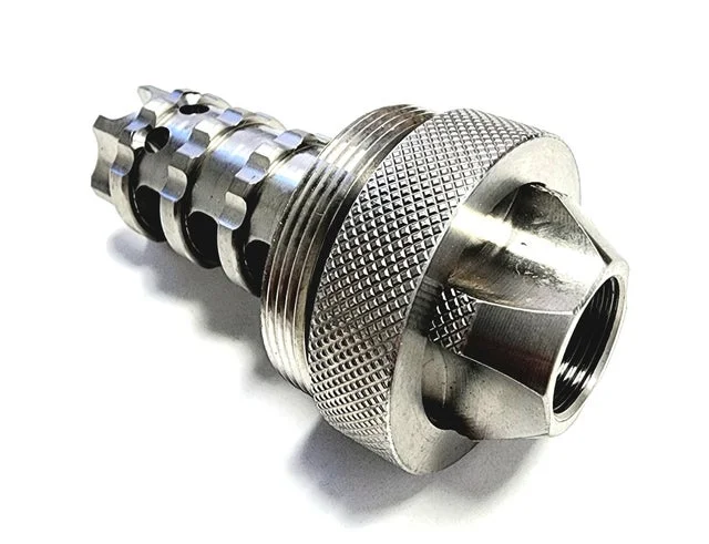 Titanium D Size Thread Adapter 1/2x28 solvent traps — c cell solvent trap for AR-15 / .223 / 5.56, also common on .22LR. Image for solvent trap builds.