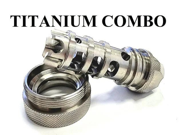 Titanium D Size Barrel Adapter 1/2x28 solvent trap adapter — ar15 solvent trap for AR-15 / .223 / 5.56, also common on .22LR. Image for solvent trap builds.