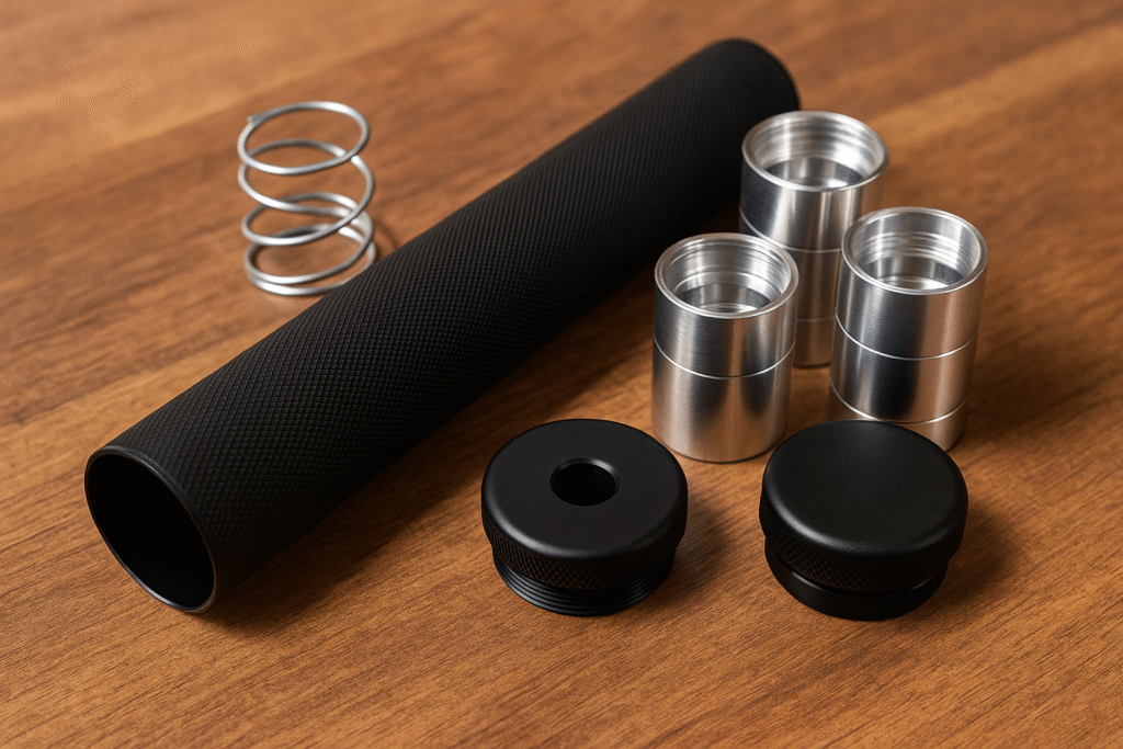 Aluminum solvent trap kit with cups, end caps, and spring displayed on a clean background – USA-made firearm cleaning accessory